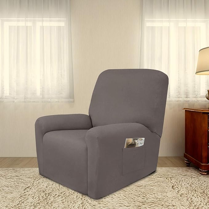 PureFit Super Stretch Chair Sofa Slipcover with Pocket – Spandex Non Slip Soft Couch Sofa Cover, Washable Furniture Protector with Elastic Bottom for Kids, Pets （Recliner, Taupe）