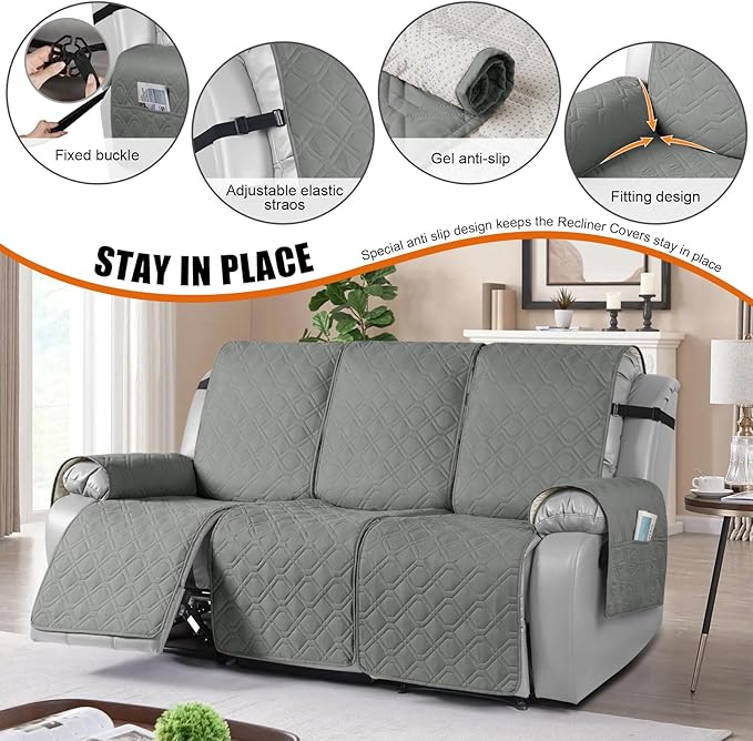 VANSOFY Waterproof Recliner Couch Covers, Sofa Covers 1-Piece Washable Reclining Sofa Cover Non-Slip Furniture Protector with Elastic Straps Pocket for Dogs, Pets(Gray,3 Seater)