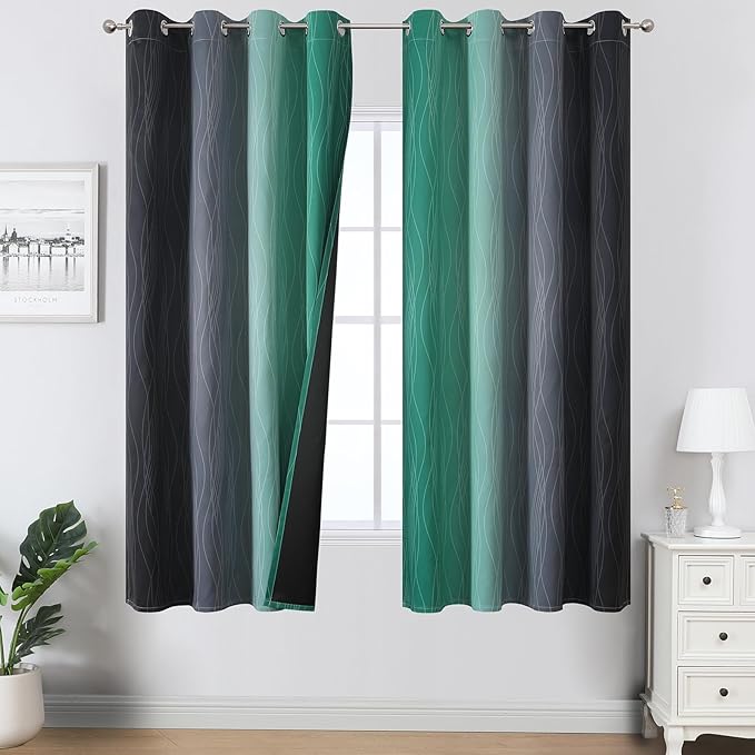 Estelar Textiler Black and Green Blackout Ombre Curtains for Bedroom 63 Inches Long, Gradient Light Blocking Thermal Insulated Grommet Drapes for Living Room,52Wx63L,2 Panels
