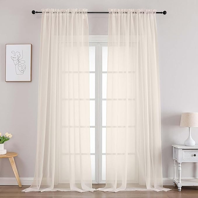 Chyhomenyc Cream Sheer Curtains 96 Inches Long 2 Panels, Light Filtering Cream Curtains for Living Room, Soft Gentle Voile Rod Pocket Bedroom Window Drapes, 59Wx96L Inch, 2PCS