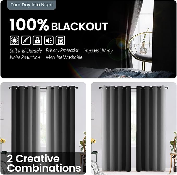 SimpleHome Black Ombre 100% Blackout Curtains for Bedroom 54 Inches Long, Room Darkening Thermal Insulated Grommet Curtains for Living Room, 2 Panels, 52x54 inches Length