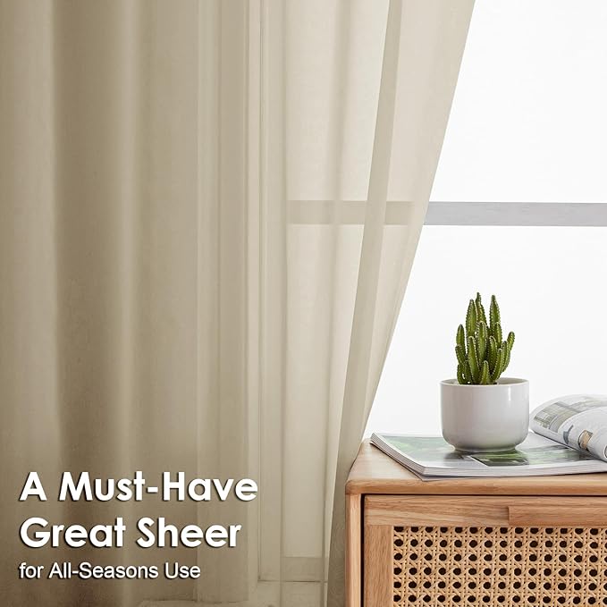 OVZME Taupe Sheer Curtains 90 Inches Long 2 Panels - Soft Light Filtering Window Sheer Panels for Living Room/Bedroom, Top Dual Rod Pocket, 1 Pair, Each 42Wx90L Inches