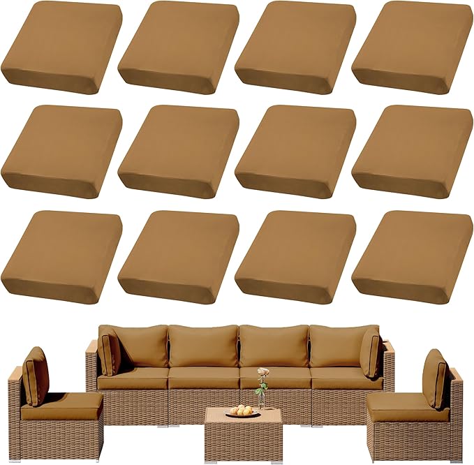 12Pcs Outdoor Cushion Covers, Patio Cushion Covers,Stretch Elastic Slipcovers, Replacement Washable & Reusable Furniture Protector for Patio Couch (Camel Color,Cover Only)