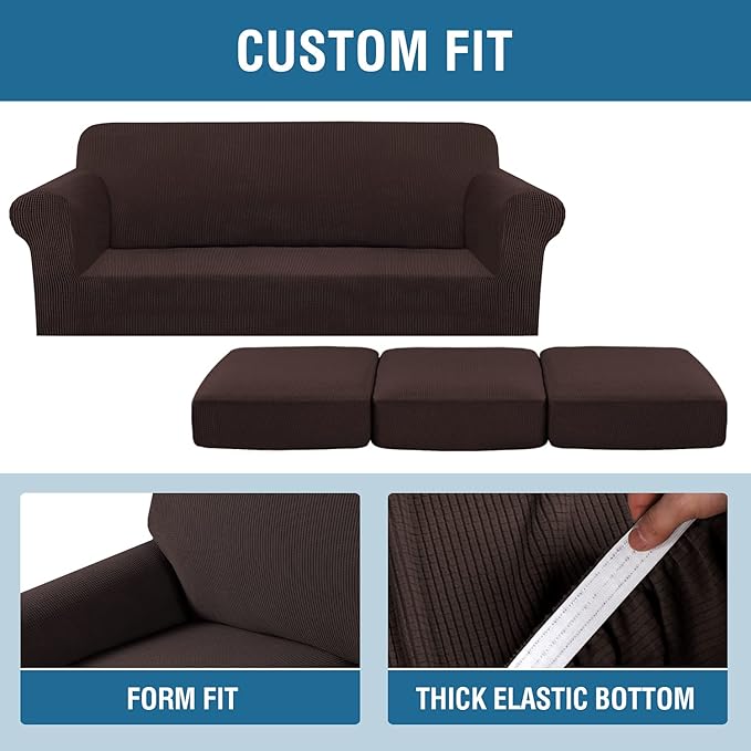 H.VERSAILTEX 4 Piece Stretch Sofa Covers for 3 Cushion Couch Covers for Living Room Furniture Slipcovers (Base Cover Plus 3 Seat Cushion Covers) Upgraded Thicker Jacquard Fabric (Sofa, Chocolate)