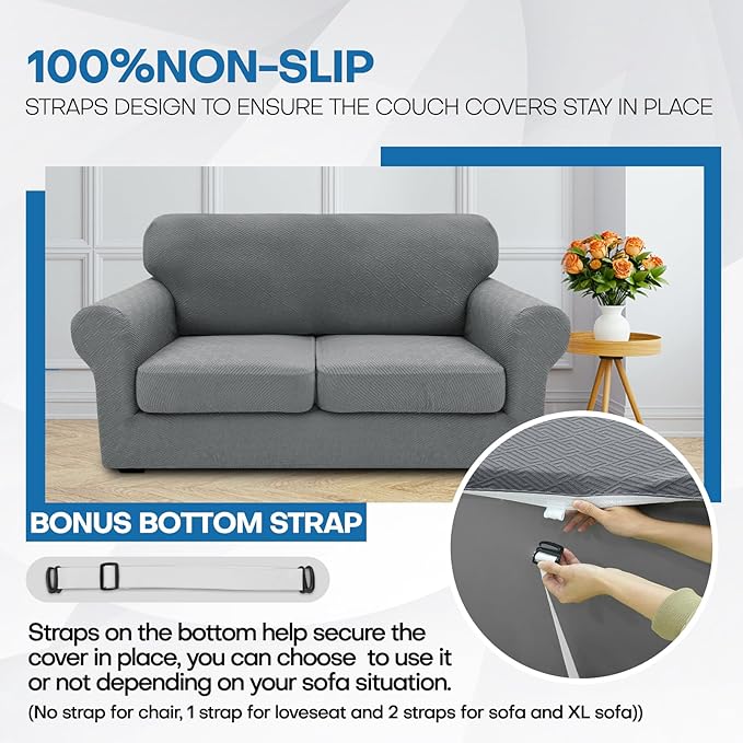 XINEAGE 2026 New 3 Pieces Couch Covers for 2 Extra Large Cushion Sofa Super Stretch Sofa Cover for 2 Large Seat Universal Loveseat Slip Cover for Living Room (Light Gray), 71"-91"(2 Cushions)