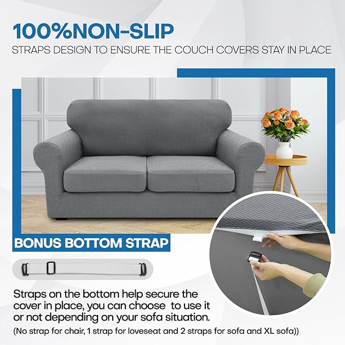 XINEAGE 2026 New 4 Pieces Couch Covers for 3 Cushion Couch Super Stretch Thick Soft Sofa Cover Anti Slip Sofa Slipcover Dogs Cats Furniture Protector (Light Gray, 71"-91")