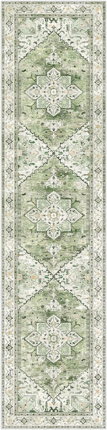 Yamaziot Washable Runner Rug, 2x8 Non-Slip Boho Vintage Hallway Rug Runner with Rubber Backing, Stain Resistant & Low Pile Faux Wool Distressed Carpet Runner for Kitchen, Laundry, Entrance, Sage Green