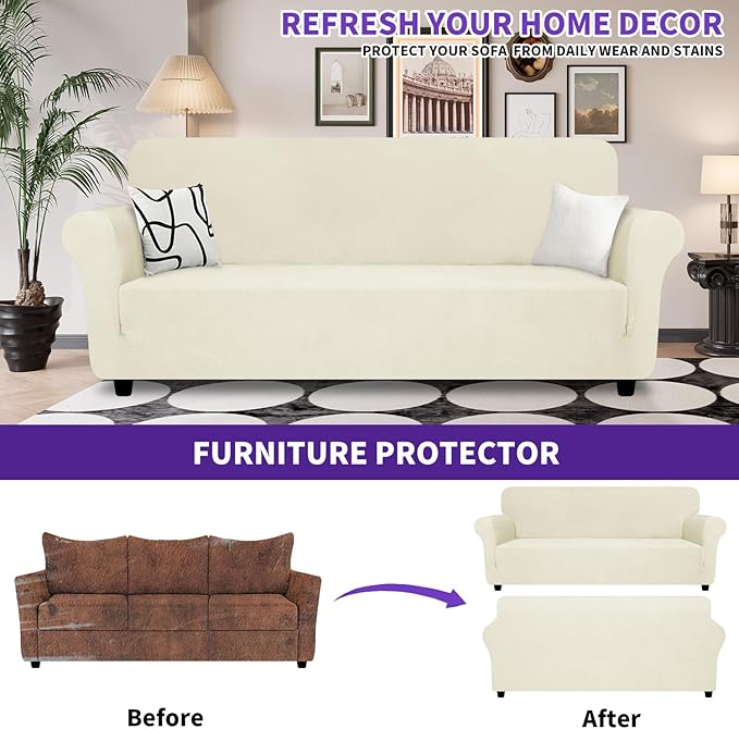 ZNSAYOTX Super Stretch Couch Cover (72"-92"), New Striped Sofa Covers Fitted Slipcovers with Elastic Bottom, Dog Cat Pets Proof Spandex Fabric Comfortable & Durable (Beige, Sofa)