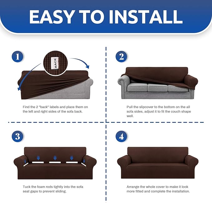 KEKUOU Stretch Oversized Sofa Slipcover 1 Piece Couch Sofa Cover (94"-110") Furniture Protector 4 Seater Sofa with Elastic Bottom for Kids,Pet.Jacquard Checked Pattern Fabric(X Large,Chocolate)