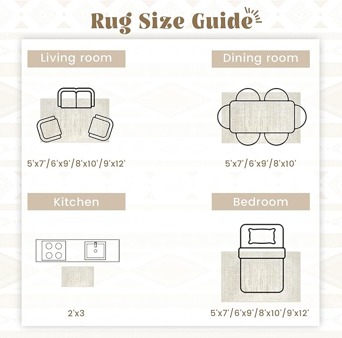 Living Room Rugs 8x10: Washable Moroccan Geometric Boho Rug Farmhouse Non Slip Stain Resistant Large Rug Low Pile Soft Carpet for Bedroom Dining Room Kids Room (Ivory Beige,8'x10')