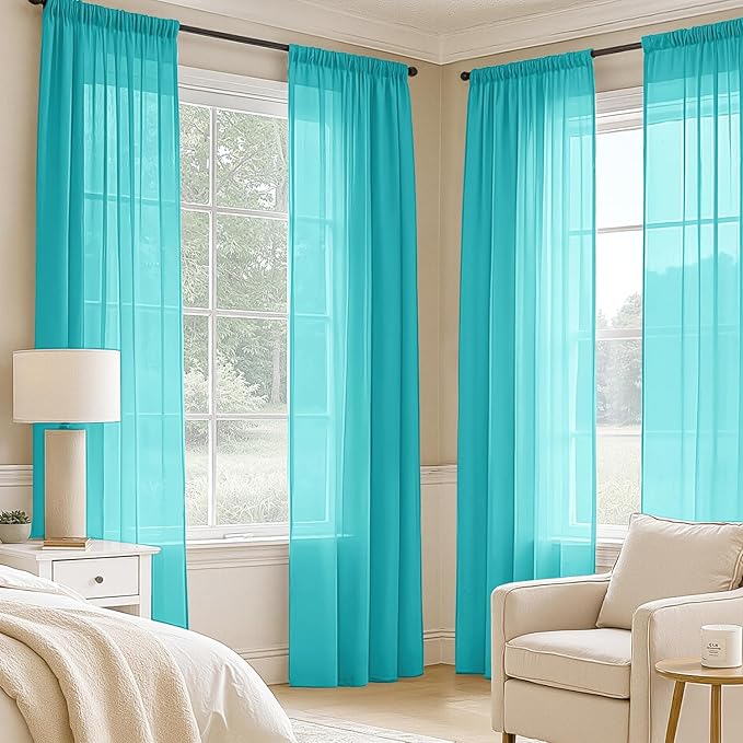 MIULEE Turquoise Sheer Curtains 72 Inches Long, 4 Panels Set, Light Filtering Rod Pocket Voile Drapes for Living Room and Bedroom, Airy Soft Fabric Window Treatments, 42 x 72 Inches