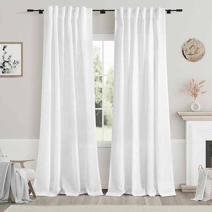 White Linen Curtains 84 Inch Length 2 Panels Back Tab Rod Pocket Semi Sheer Bedroom Curtains Light Filtering Country Closet Curtain Drapes Netural Farmhouse Window Panels for Living Dining Room 42x84