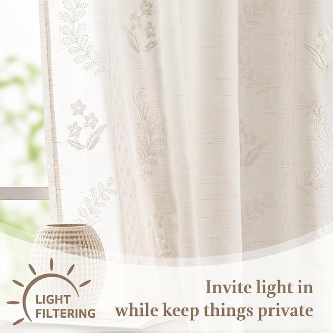 jinchan Belrose Linen Floral Cafe Curtains 54 Inch Length Embroidered Farmhouse Curtains for Kitchen Bedroom Bathroom Small Windows Curtain Set Light Filtering 2 Panels White