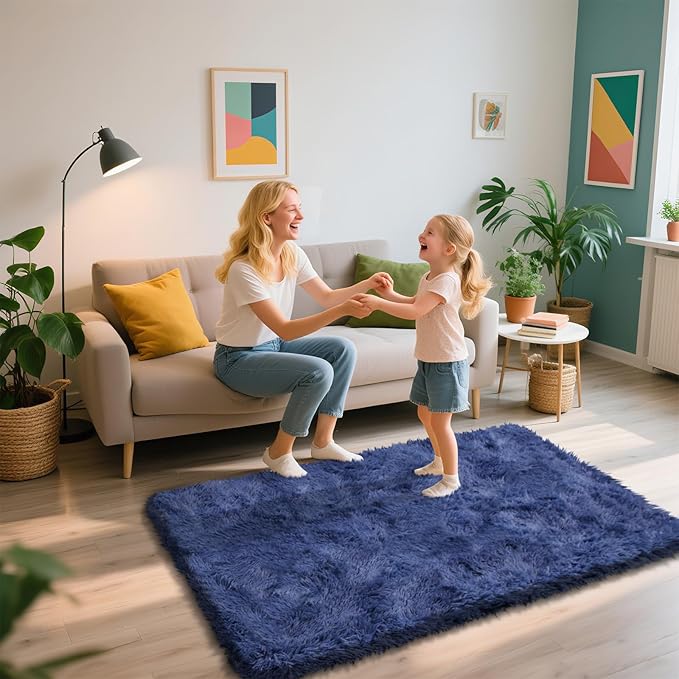 Shag Area Rug for Bedroom 3x5,Blue Fluffy Area Rugs for Living Room,Soft Fuzzy Rug Non-Shedding Indoor Plush Carpet for Kids Bedroom Nursery Dorm Home Decor