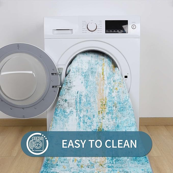 2x6 Teal Blue Rug Runners for Hallways Kitchen Runner Rug Non Slip Washable Long Runner Rugs with Rubber Backing Soft Abstract Carpet Runner for Bedroom, Kitchen, Bathroom, Entryway