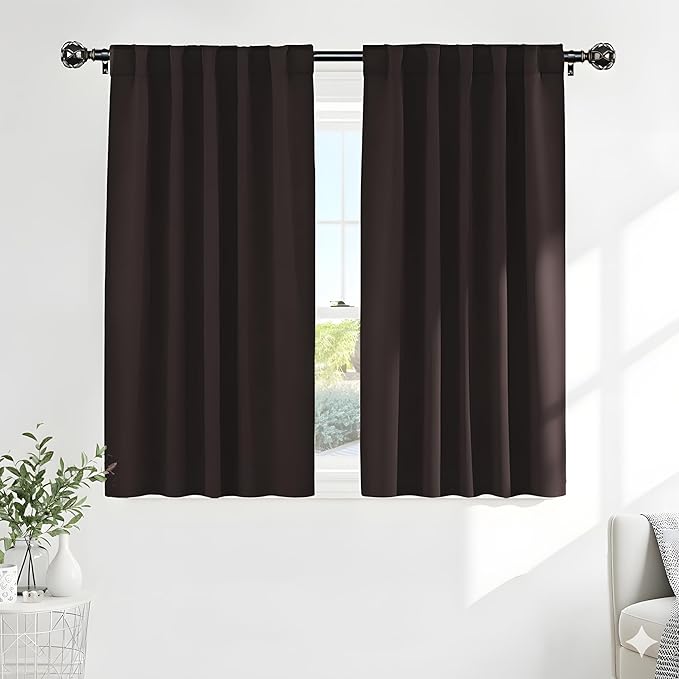 PONY DANCE Blackout Curtains Short - Bedroom Window Draperies Energy Efficient Thermal Insulated Back Tab/Rod Pocket Curtain Panels/Window Treatments for Kitchen, 42 W x 45 L, Brown, 2 Pieces
