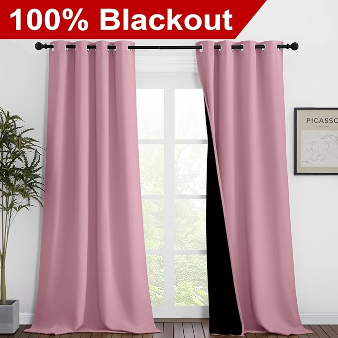 NICETOWN Crystal Pink Full Shade Curtain Panels, Pair of Thermal Insulated & Energy Efficiency Blackout Curtains for Living Room Windows, Lined Silky Performance Window Dressing (46" Wide x 90" Long)