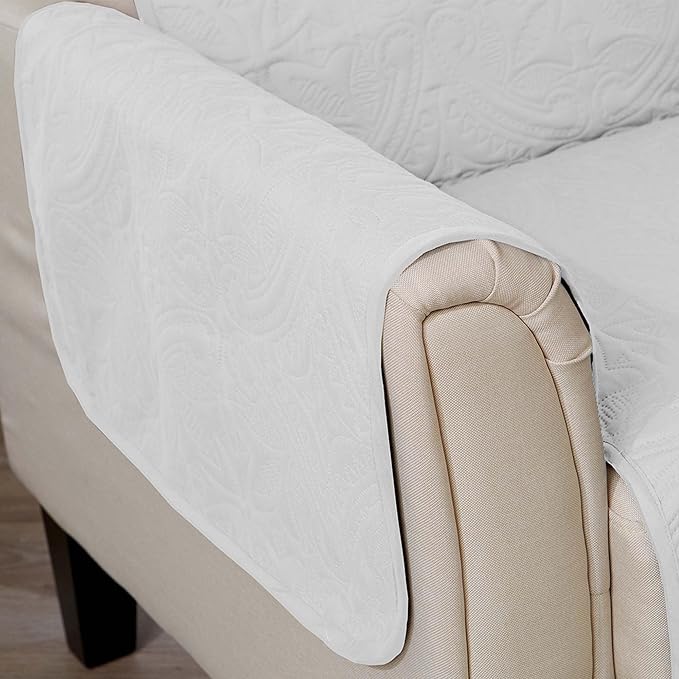 Great Bay Home Reversible Chair Cover - Washable Slipcover Furniture Protector with Elastic Straps - Perfect for Kids & Pets - Quilted & Stitched Detail (White/Sand)