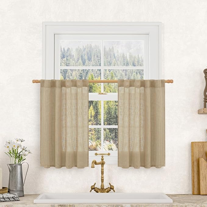 LAMIT Semi Sheer Linen Curtains 36 Inch Length for Cafe, Light Filtering Panels Back Tab and Rod Pocket Neutral Drapes for Bathroom/Kitchen/Loft Room, 25 x 36 Inch, Brown, 2 Panels