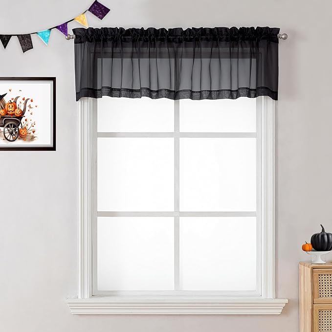 OVZME 2 Panels Black Valance - Short Fresh Curtain Valances for Windows Basement, Semi Sheer Valances for Kitchen Window, Dual Rod Pocket (Black, 42 by 14 Inches Long)