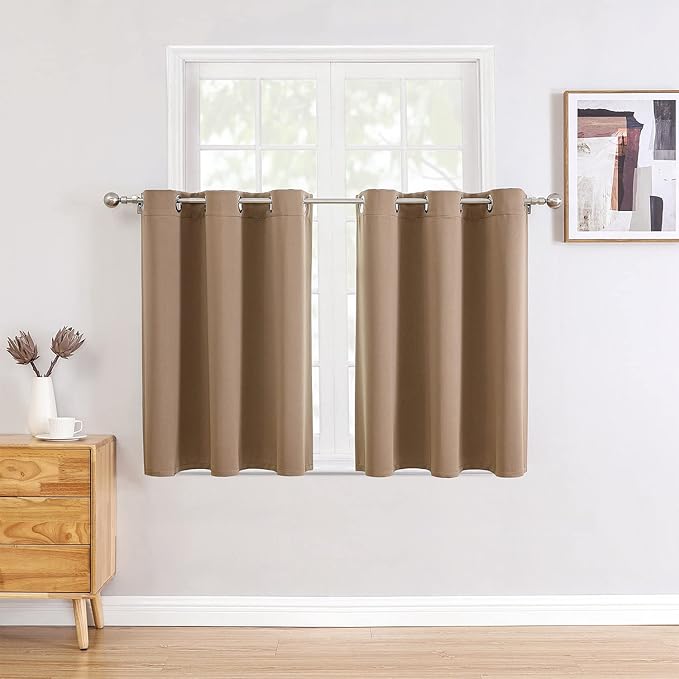 ChrisDowa Small Window Curtains for Kitchen and Bedroom - Grommet Short Thermal Insulated Room Darkening Curtains (2 Panels, Cappuccino, 34 x 36 Inch)
