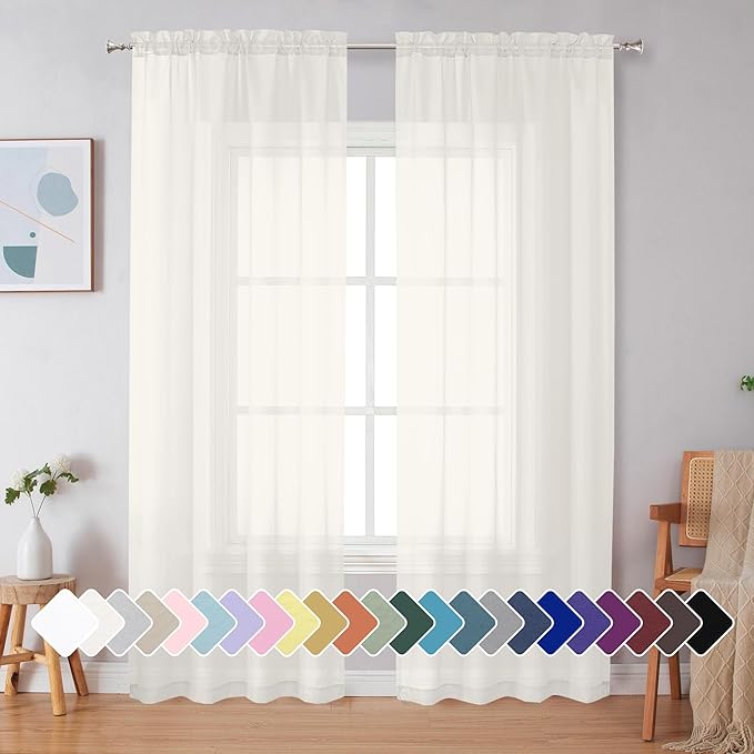Simplebrand Ivory Sheer Curtains 90 Inches Long, Light Filtering Rod Pocket Solid Color Window Sheer Curtain Panels, Elegant Curtains & Drapes for Living Room, Bedroom 2 Panels (Ivory, 42" W x 90" L)