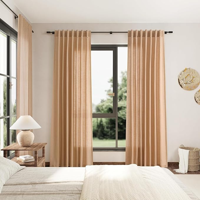 Nanspring Camel Linen Curtains for Living Room 94 Inches Long Back Tab and Rod Pocket Light Filtering Semi Sheer Vintage Rustic Curtain Luxury Boho Decor Drapes for Bedroom Office 52x94, 2 Panels