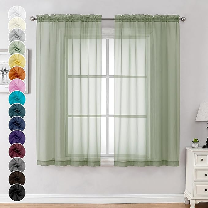 Chyhomenyc Sage Green Sheer Curtains 63 Inch Length 2 Panels, Light Filtering Airy Breathable Rod Pocket Voile Window Drapes for Bedroom Living Room, Each 42x63 Inch，Set of 2