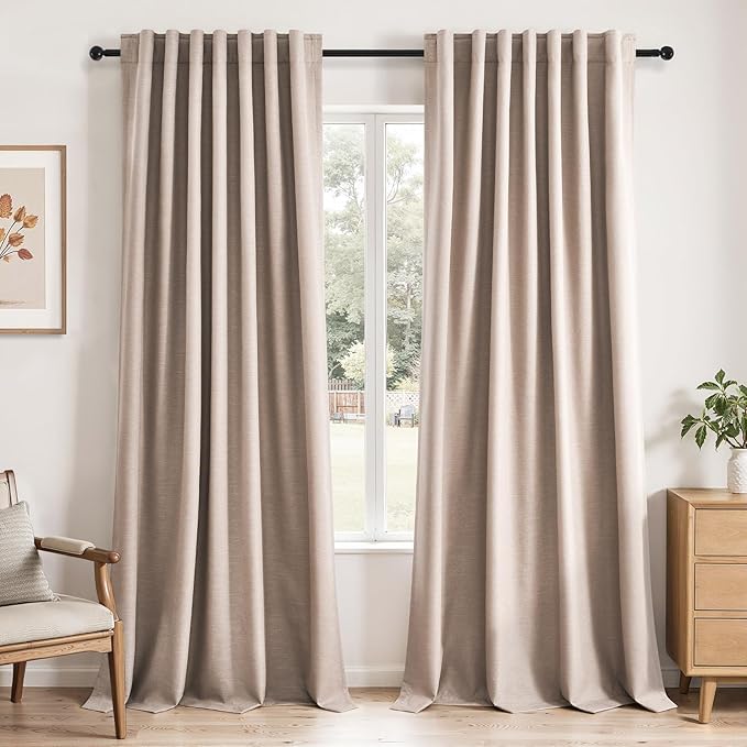 96 inch long blackout window curtains 2 Panels for bedroom 100% Black out Linen texture Curtain Vintage Farmhouse Drapes with Back Tab Rod Pocket Pinch pleated Thermal Insulated Panel for Living Room
