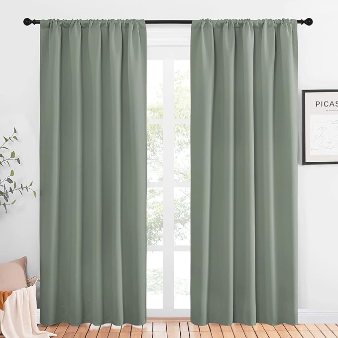 NICETOWN Window Curtains Blackout Drapes - Thermal Insulated Solid Rod Pocket Blackout Curtains/Draperies for Living Room (Sage Green, One Pair, 52 by 84-Inch)