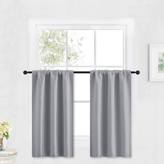 RYB HOME Kitchen Blackout Curtains Over Sink 36 inch Length, Rod Pocket Summer Light UV Blocking Energy Efficient, Cabinet Shelf Cupboard Coverings, Width 29 by Length 36, Silver Grey, 2 Panels
