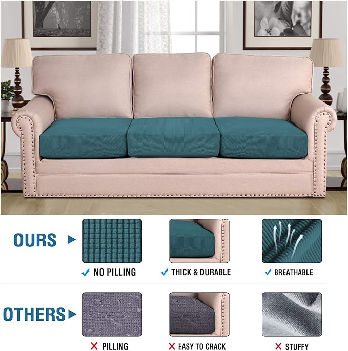 H.VERSAILTEX Super Stretch Couch Cushion Covers Sofa Cushion Slipcovers Jacquard Fabric Individual Seat Couch Slipcover Sets for Pets with Elastic Bottom(3 Packs Cushion Sofa Covers, Deep Teal)