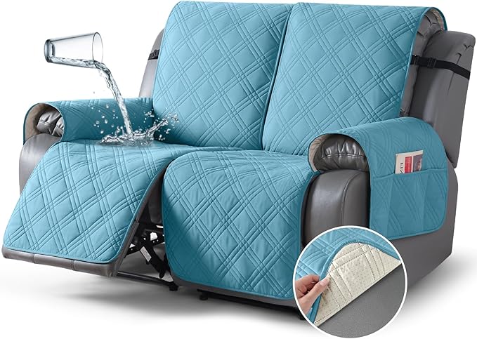 TAOCOCO 100% Waterproof Loveseat Recliner Cover, Non Slip Split Recliner Couch Cover with Elastic Straps, Washable Reclining Sofa Cover Furniture Protector for Kids, Pets(2 Seater, Sky Blue)