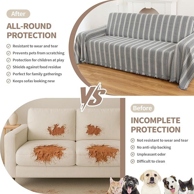 Boho Sofa Covers for 3 Cushion Couch, Couch Cover for Dogs, Loveseat Cover Soft Throw Blankets with Tassels(Striped Grey, 71x134)