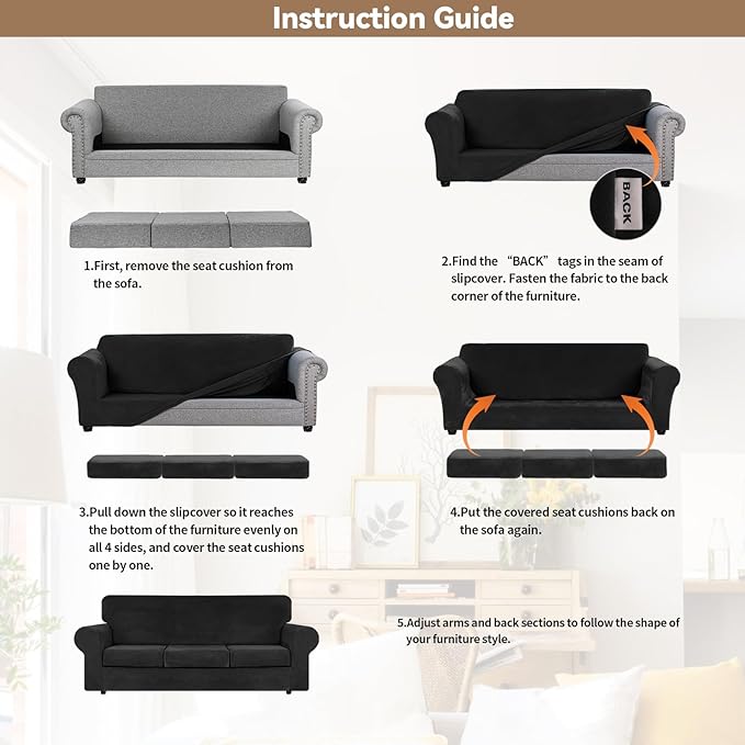 WEERRW 4 Pieces Velvet High Stretch Couch Covers for 3 Cushion Couch Sofa Slipcovers, Washable Furniture Protector with Non Slip Elastic Bottom, Feature Soft and Thick Plush Fabric, Black, Large