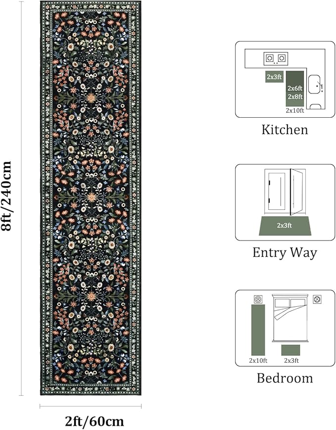 Yamaziot Washable Runner Rug 2x8 – Boho Non Slip Floral Hallway Runner Rug with Rubber Backing, Low Pile Distressed Carpet for Kitchen, Laundry, Bedroom, Entrance, Colorful Black