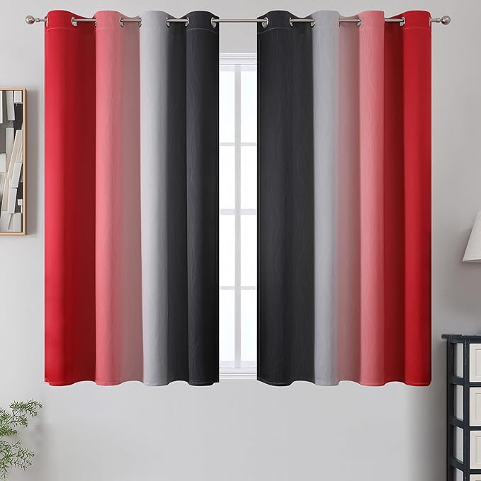 Estelar Textiler Ombre Red and Black Curtains 54 Inch Length 2 Panels, 100% Blackout Curtains for Living Room, Grommet Thermal Insulated Drapes, Full Light Blocking Curtains for Bedroom, 52x54 Inch