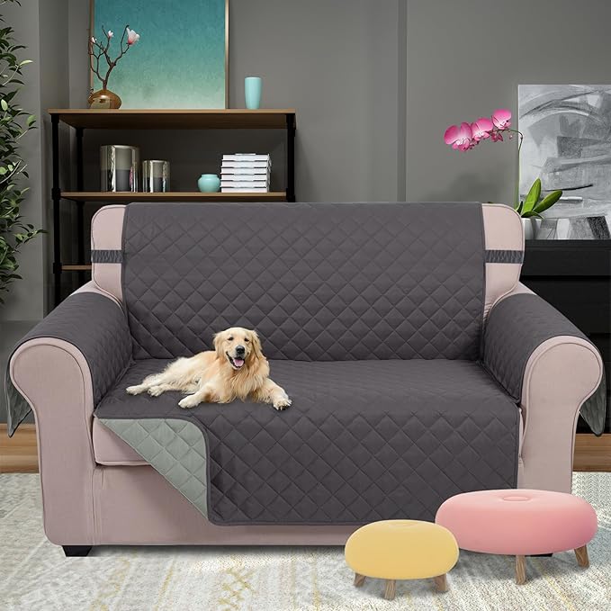 U-NICE HOME Loveseat Sofa Cover Reversible Couch Cover for Dogs with Elastic Straps Water Resistant Furniture Protector for Pets Couch Cover for 2 Cushion Couch (Loveseat, Dark Grey/Light Grey)