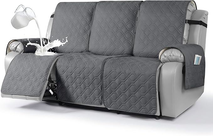 VANSOFY Waterproof Recliner Couch Covers, Sofa Covers 1-Piece Washable Reclining Sofa Cover Non-Slip Furniture Protector with Elastic Straps Pocket for Dogs, Pets(Dark Gray,3 Seater)