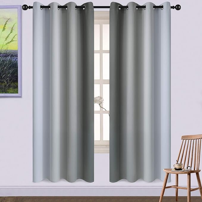 Yakamok Gray and Greyish White Thermal Insulated Grommet Light Blocking Window Drapes,Room Darkening Gradient Color Ombre Curtains for Bedroom (52W x 72L / 2 Panels, One Pair)