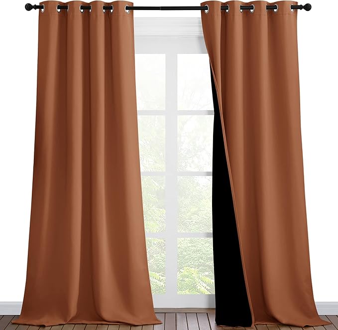 NICETOWN Burnt Orange Blackout Curtains 90 inches Long, Full Light Blocking Drapes with Black Liner for Nursery, Thermal Insulated Draperies for Hall, Villa (2 Pieces, 46" Wide Each Panel)