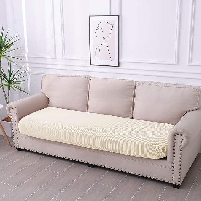 hyha Waterproof Couch Cushion Covers for Pets, Non Slip Sofa Seat Cover for Dogs Washable, Soft Thick Stretch Jacquard Fabric, Sofa Slipcovers with Elastic Bottom (1 Piece for Large, Light Beige)