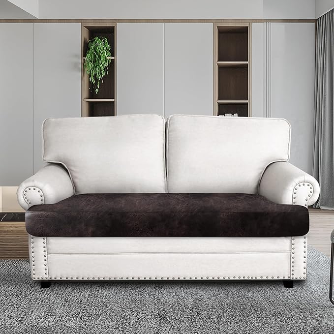 Leather Look Couch Cushion Covers Sofa Seat Slipcovers Sets Couches Furniture Protector for Sectional Armchair Loveseat Pets Kids Stretch Spandex Fabric (1 T-Cushion loveseat, Chocolate)