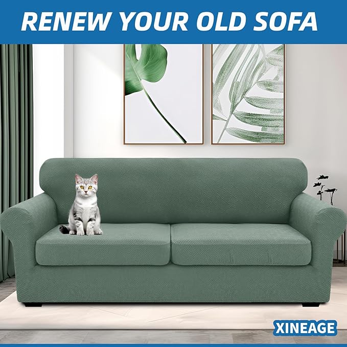XINEAGE New 3 Pieces Couch Covers for 2 Extra Large Cushion Sofa Super Stretch Sofa Cover for 2 Large Seat Universal Loveseat Slip Cover for Living Room (Pea Green), 71"-91"(2 Cushions)