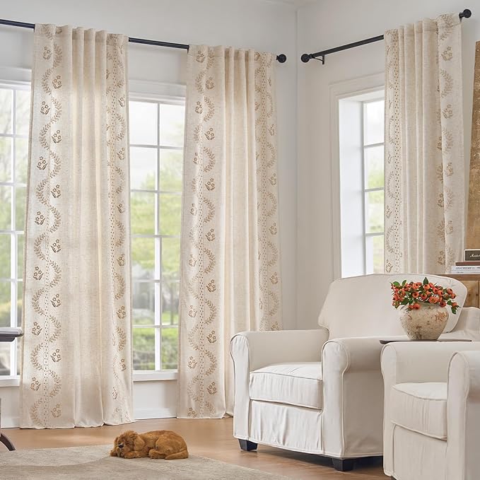 jinchan Belrose Lined Linen Blend Curtains Boho Floral Curtains for Bedroom 63 Inch Length Beige Embroidered Drapes Rod Pocket Farmhouse Flower Drapes for Living Room Window Treatments Set 2 Panels
