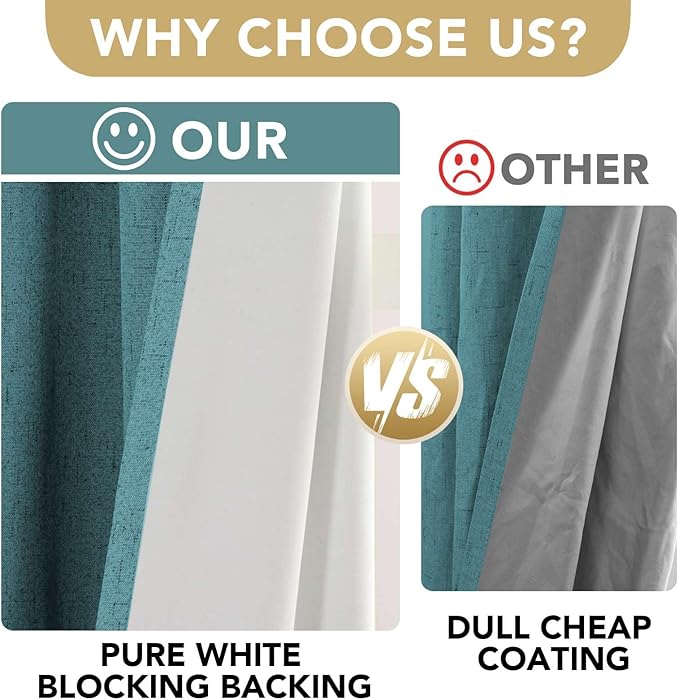 H.VERSAILTEX Primitive Linen Curtains 100% Blackout Curtain Drapes Burlap Fabric Curtains with White Thermal Insulated Liner, Grommet Top Drapes Living Room/Bedroom (2 Panels, 42 x 84 Inch, Teal)
