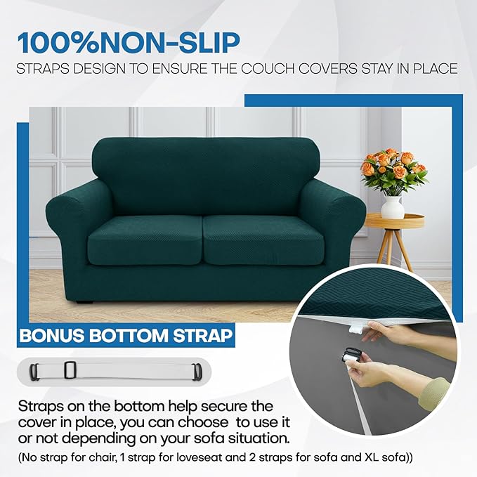 XINEAGE New 3 Pieces Couch Covers for 2 Extra Large Cushion Sofa Super Stretch Sofa Cover for 2 Large Seat Universal Loveseat Slip Cover for Living Room (Blackish Green), 71"-91"(2 Cushions)