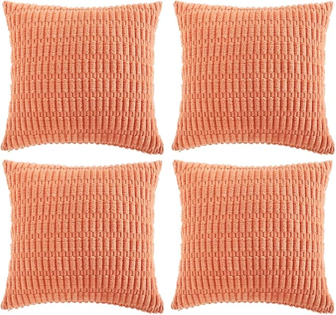 Fancy Homi 4 Packs Boho Coral Decorative Throw Pillow Covers 14x14 Inch for Living Room Couch Bed Sofa, Rustic Modern Farmhouse Home Decor, Soft Plush Corduroy Peach Cute Square Cushion Case 35x35 cm