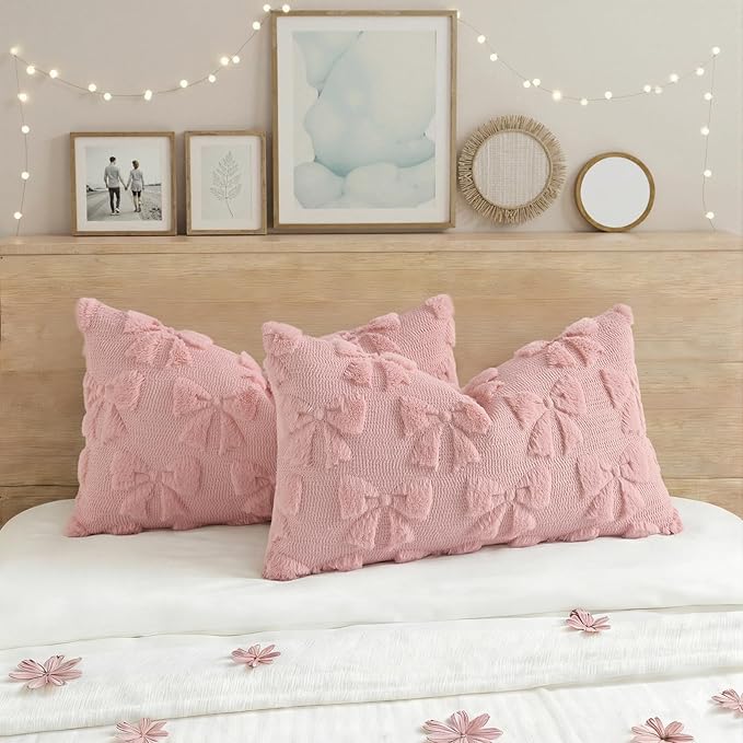 decorUhome Pink Bow Pillow Covers Set of 2 Coquette Aesthetic Cute Preppy Plush Faux Pillowcases for Girly Bedroom or Couch 12x20 Inch
