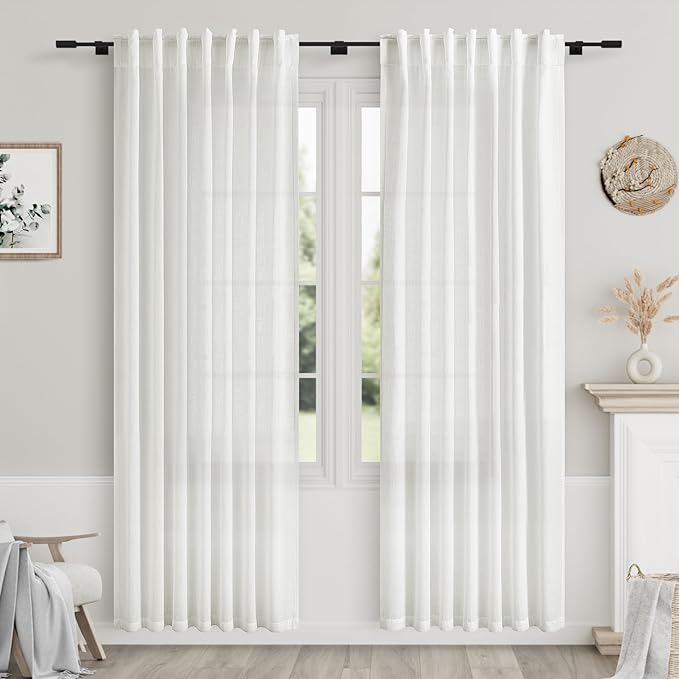 Off White Linen Curtains 80 inches Long for Bedroom Back Tab Light Filtering Privacy Sheer White Curtains Modern Farmhouse Coastal Decor White Cotton Textured Gauze Curtain 2 Panel Set 52x80